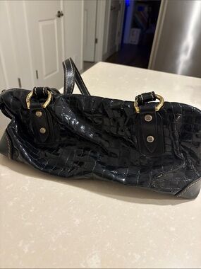 Marino Orlandi Black Croc-Embossed Patent Leather Satchel